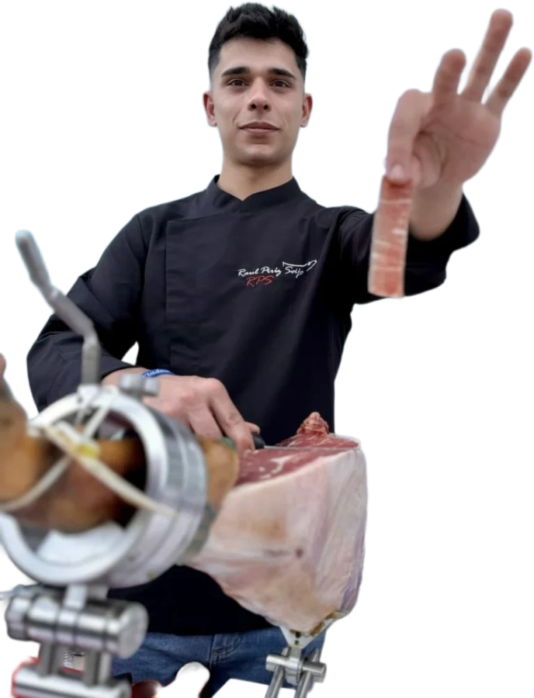Raul Piriz cortador profesional loncheando jamon iberico de bellota en eventos especiales transparente